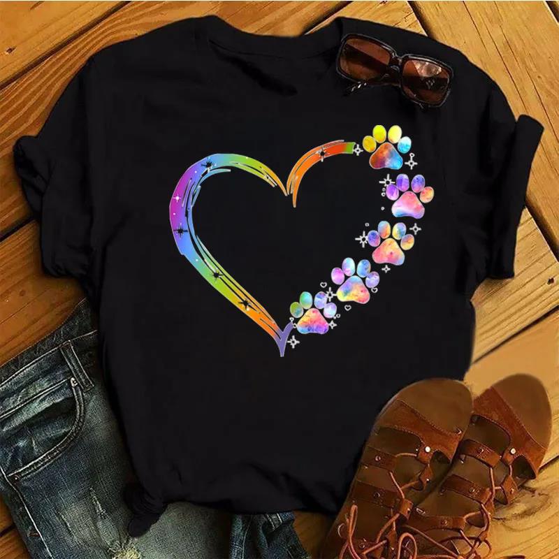 Cartoon Colorful Heart Dog Paw T-Shirt - 90s Fashion Casual Unisex Plus Size Tee