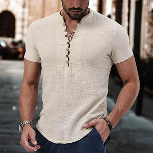 Men's Short Sleeve V-Neck Button Shirt - Cotton Linen Casual Top