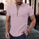 Men's Short Sleeve V-Neck Button Shirt - Cotton Linen Casual Top