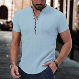 Men's Short Sleeve V-Neck Button Shirt - Cotton Linen Casual Top