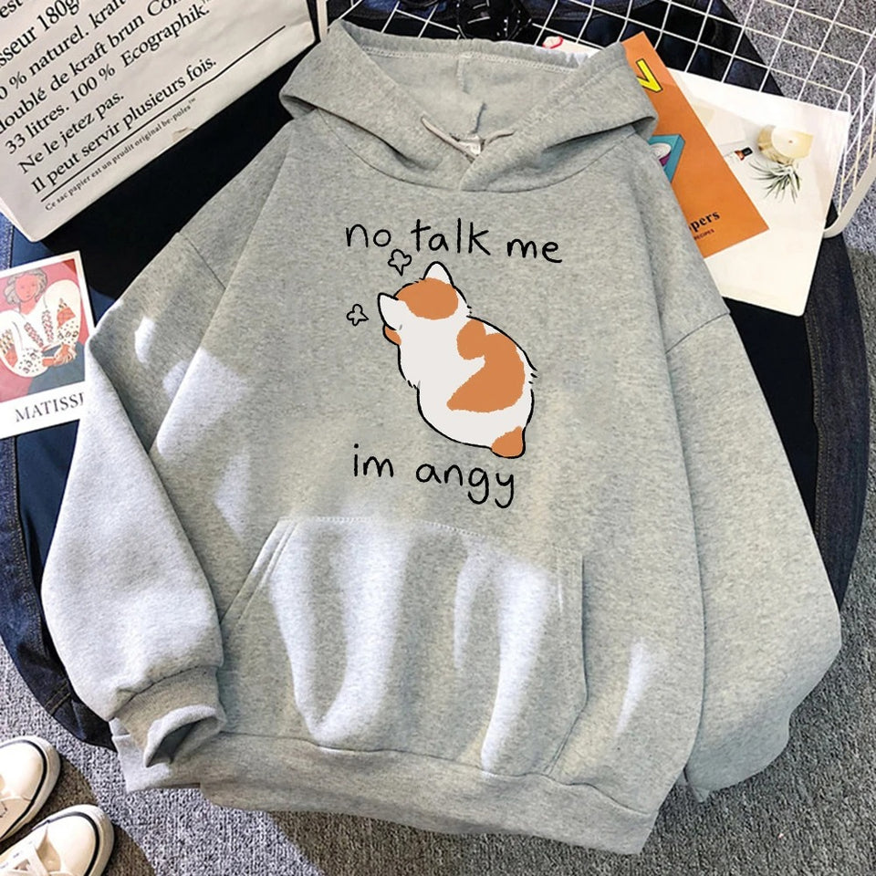 "No Talk Me Cute" Angry Cat Print Hoodie - Women’s Soft Sweatshirt, Hip Hop Oversize Fleece Streetwear