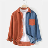 Casual Corduroy Patchwork Men's Shirt - Lapel, Long Sleeve, Button Down. Streetwear Luxury