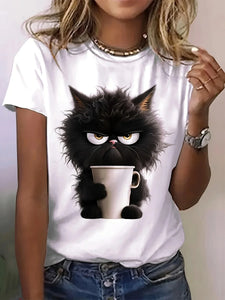 Grumpy Cat Coffee Print T-shirt - Casual Short Sleeve Crew Neck for Spring & Summer Women's Wear