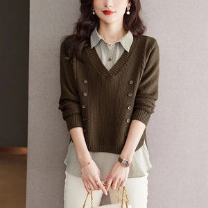 Spring Autumn Fake Two-Piece Knit Sweater - Women's Splice Shirt Collar, Loose Brown Long Sleeve Korean Top