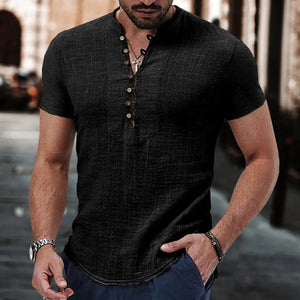 Men's Short Sleeve V-Neck Button Shirt - Cotton Linen Casual Top