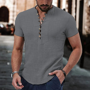 Men's Short Sleeve V-Neck Button Shirt - Cotton Linen Casual Top