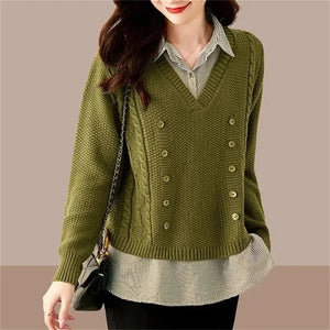 Spring Autumn Fake Two-Piece Knit Sweater - Women's Splice Shirt Collar, Loose Brown Long Sleeve Korean Top