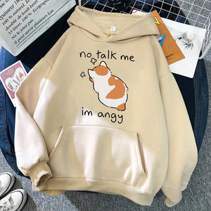 "No Talk Me Cute" Angry Cat Print Hoodie - Women’s Soft Sweatshirt, Hip Hop Oversize Fleece Streetwear