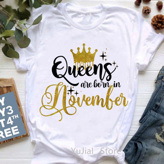 Golden Crown Queen Are Born In January To December Graphic Print T-Shirt Women&#39;S Clothing Tshirt Femme Birthday Gift Tops