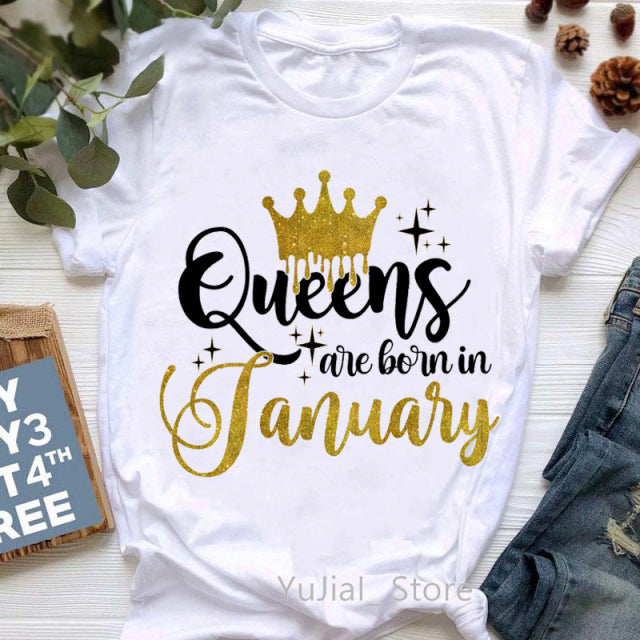 Golden Crown Queen Are Born In January To December Graphic Print T-Shirt Women&#39;S Clothing Tshirt Femme Birthday Gift Tops