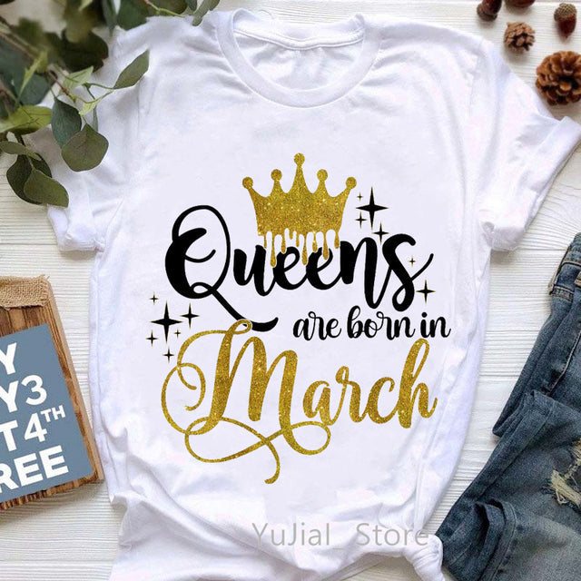 Golden Crown Queen Are Born In January To December Graphic Print T-Shirt Women&#39;S Clothing Tshirt Femme Birthday Gift Tops