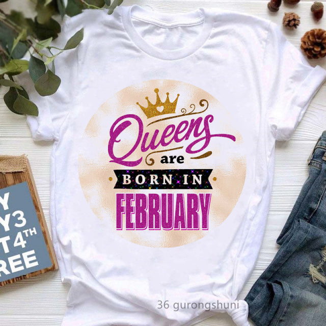 Golden Crown Queen Are Born In January To December Graphic Print T-Shirt Women&#39;S Clothing Tshirt Femme Birthday Gift Tops