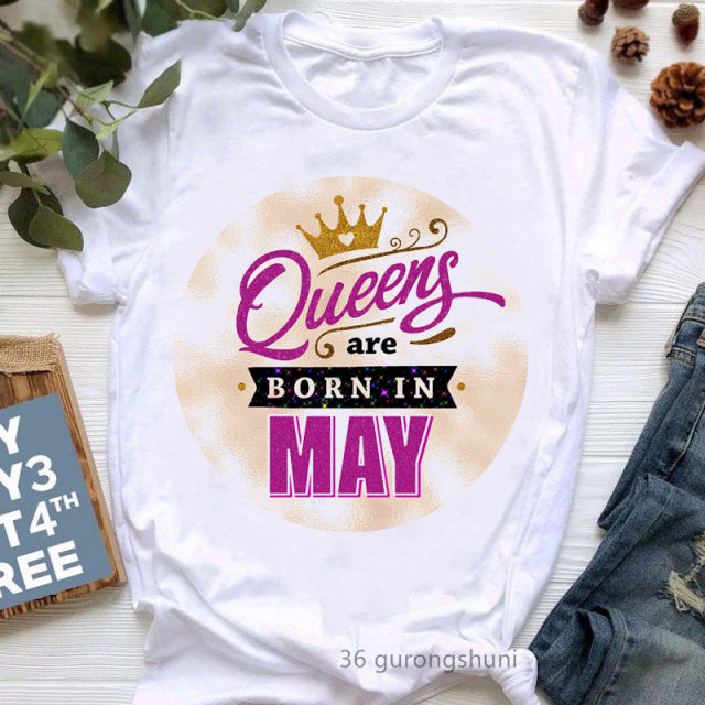 Golden Crown Queen Are Born In January To December Graphic Print T-Shirt Women&#39;S Clothing Tshirt Femme Birthday Gift Tops