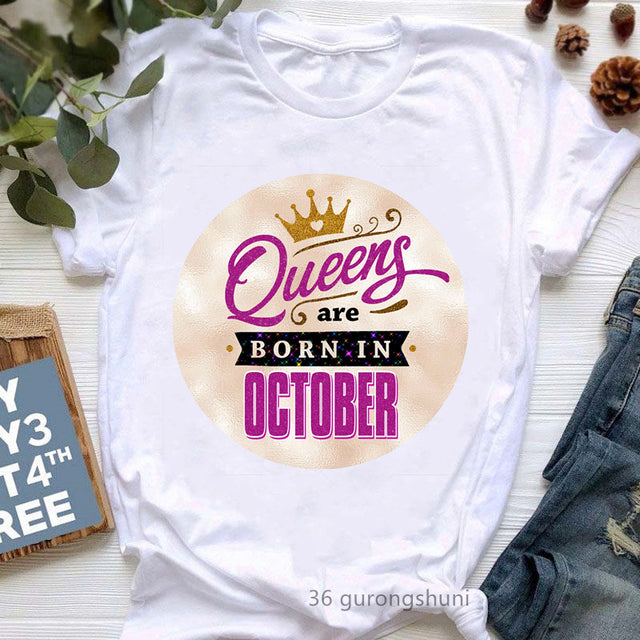 Golden Crown Queen Are Born In January To December Graphic Print T-Shirt Women&#39;S Clothing Tshirt Femme Birthday Gift Tops